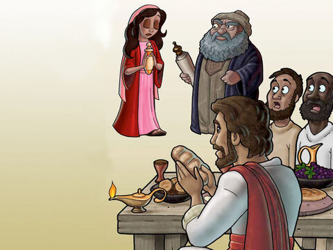Soon after, Jesus was invited to eat at the home of a Pharisee named Simon. As they reclined at the table a very sinful woman entered the room with an alabaster vial of perfume. <br/>She knew Jesus was the Son of God so she came to Him for forgiveness. Her name was Mary. – Slide 3