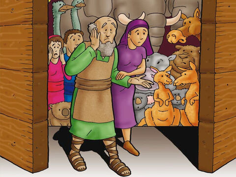 Finally, God told Noah and his family to climb inside the ark. They obeyed God. He also told two of every kind of animal to climb into the ark with Noah. The animals also obeyed God. When Noah and his family were safe in the ark God reached down and closed the door very tight! – Slide 4