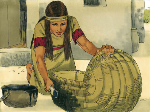Exodus 1 v 3 So his mother came up with an idea to keep her baby out of sight. She got a basket made from papyrus leaves and covered it in tar and pitch to make it waterproof. – Slide 15