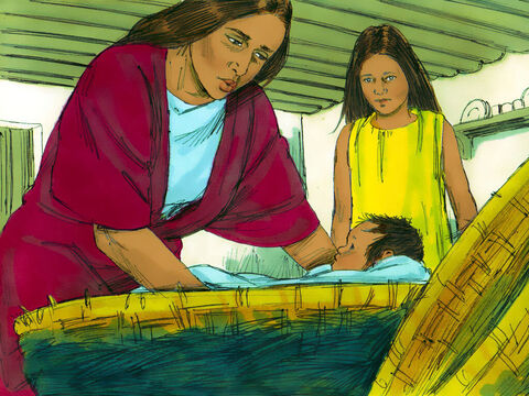She put the baby in the basket and carried it down to the River Nile. Her young daughter Miriam helped her. – Slide 16
