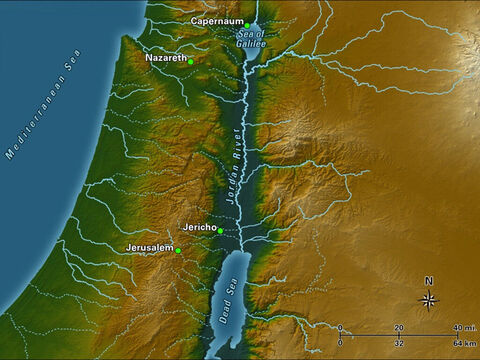The Jordan River is fed by headwaters that start near the base of Mount Hermon, on what is now the Syria-Lebanon border. After descending into the Sea of Galilee, it continues south to the Dead Sea. The river winds through 124 miles of the Rift Valley, which is an average of 6 miles wide and mostly dry apart from the river. – Slide 1