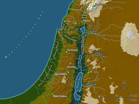 Elevations vary greatly throughout the region. Jerusalem sits atop the hills of Judah at 2,474 feet above sea level, whereas the surface of the nearby Dead Sea is 1,378 feet below sea level (the lowest point on Earth). On the east side of the Dead Sea, the elevation quickly rises back up to 2,680 feet at Mount Nebo. From Jerusalem to the west, the elevation drops more gradually through foothills, called the Shephelah in Hebrew, to the coastal plains and the shores of the Mediterranean. – Slide 2