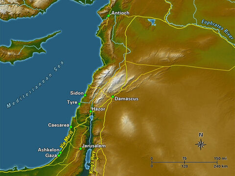 There were two major arteries for international trade that traversed the land. The coastal highway, or Via Maris, followed along the coast of the Mediterranean and cut through the Jezreel Valley and along the shore of the Sea of Galilee, before heading north into Damascus. The other major route, the King’s Highway, was located to the east along the high fertile plain beyond the Dead Sea and the Jordan River. The two routes converged on Damascus, where the route splits toward Antioch to the north, and towards Mesopotamia to the east. – Slide 3
