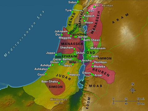 The shaded areas in this map represent the 12 tribal territories. Levi did not receive land and the territory of Joseph was divided between his two sons. The cities included in the map are mentioned in the Bible as important during the pre-monarchic period, and many of them were used to define boundaries between tribes. – Slide 4