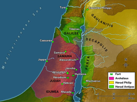 Upon his death in 4 B.C.E., the kingdom of Herod the Great was divided among three of his surviving sons. Antipas was given the region to the east of the Jordan known as Perea, along with Galilee. Philip was given the region to the northeast of the Sea of Galilee, known as Gaulanitis. Archelaus was given the regions of Idumea, Samaria, and Judah but his tumultuous rule would last only two years, until the Romans deposed him and transformed his territory into a Roman province known as Judea. – Slide 7