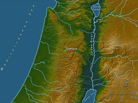 Samaria was the capital of the nothern kingdom of Israel, built by King Omri in the ninth century B.C. The city was situated atop a hill rising some 300 feet above the surrounding valleys below. – Slide 10