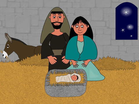 But then just as they were getting very worried, the Innkeeper told them they could shelter in the place by the inn where the animals lived. That night baby Jesus was born and Mary wrapped Him in warm cloths and put Him in a manger. Mary and Joseph cried with happiness because this baby was God’s gift of love to them and to the world. – Slide 10