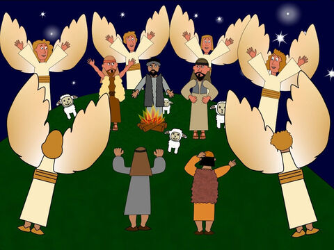 Nearby on a hill another exciting thing was happening. An angel was telling a group of shepherds that the Saviour Jesus Christ was born in Bethlehem and to go and see Him. After the angel finished speaking, the sky was filled with lots and lots of beautiful angels all praising God. – Slide 11