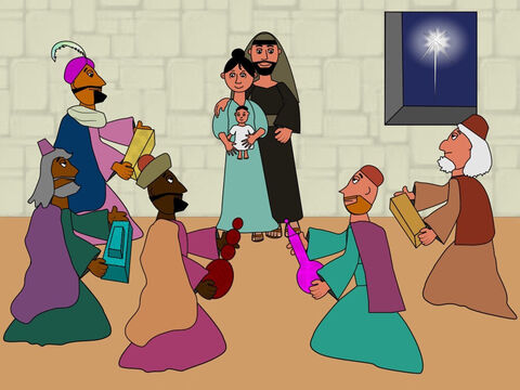 The wisemen followed the star day and night until at last it came to the place where Mary and Joseph and Jesus lived. Then they gave Jesus some gifts of gold, frankincense and myrrh and they worshipped Him. – Slide 14