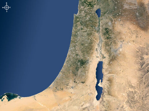 Satellite map of Israel and surrounding regions showing Jordan rift valley with Lake Galilee to north and the Dead Sea to the south. – Slide 1