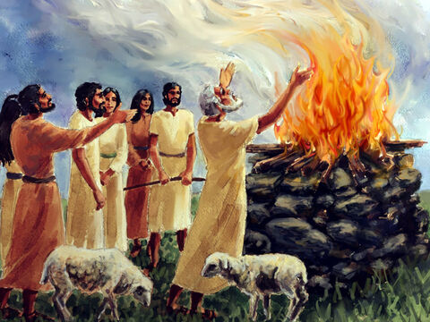 Then Noah built an altar to the Lord. Noah took some of all the clean birds and animals. And he burned them on the altar as offerings to God. The Lord was pleased with these sacrifices. He said to himself, ‘I will never again curse the ground because of human beings. Their thoughts are evil even when they are young. But I will never again destroy every living thing on the earth as I did this time.’ – Slide 11