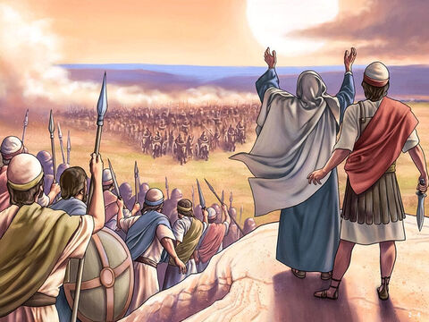 Barak, Deborah and 10,000 men gathered on Mount Tabor. General Sisera gathered 30,000 well armed men with 900 chariots in the Kishon river valley below them. <br/>Although outnumbered, Deborah declared, ‘Go! This is the day the Lord has given Sisera into your hands. Has not the Lord gone ahead of you?’ <br/>Barak led his 10,000 men into an attack. – Slide 4