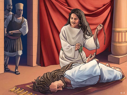 Delilah said to Samson, ‘Tell me why you are so strong. How could someone tie you up and take control of you? <br/>Samson answered, “Someone would have to tie me up. He would have to use seven new bowstrings that have not been dried. If he did that, I would be as weak as any other man.” But when Delilah did that and the Philistines rushed in, Samson snapped them with his God-given strength. <br/>Delilah acted hurt some time later asked the same question again and this time Samson explained he would need to be tied up with new ropes. But when the Philstines rush in, Samson broke these also. The same happened when Samson said he would lose his strength if seven braids of his hair were weaved in a loom like cloth. But when the Philistines burst in, Samson broke free of the loom. – Slide 2