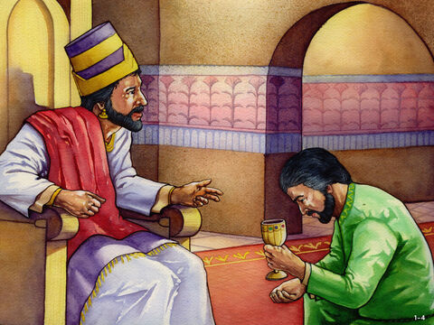 Nehemiah kept praying for four months. Then one day, in the month of April, he was serving the king and feeling very sad. <br/>King Artaxerxes asked, ‘Why does your face look so sad when you are not ill?’ <br/>Nehemiah was frightened because he knew the King had already given a command to stop all work on rebuilding the walls of Jerusalem. <br/>However, he replied, ‘Why should I not be sad when my home city is in ruins and its gates burnt down?' God was answering Nehemiah's prayer and when the King asked what he wanted, he replied, ‘If it pleases the King, let him send me to Jerusalem to rebuild its walls.'  <br/>The King asked Nehemiah how long he would need to do this building work and then gave him permission to go. – Slide 5