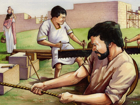 Nehemiah had made a plan for the rebuilding of the walls. Altogether there were 42 groups of workers - some were temple priests, others were goldsmiths, or perfume makers, or merchants or servants. <br/>People worked in groups on the sections of the wall nearest their homes and those from outside the city worked on the remaining sections. Everyone was involved and Nehemiah encouraged them. He mentions, for example, a man called Baruch who worked very hard (Nehemiah 3:20) and the people of Tekoa who mended two sections of the wall even though their leaders didn't want them to do any work (Nehemiah 3:5,27). – Slide 1
