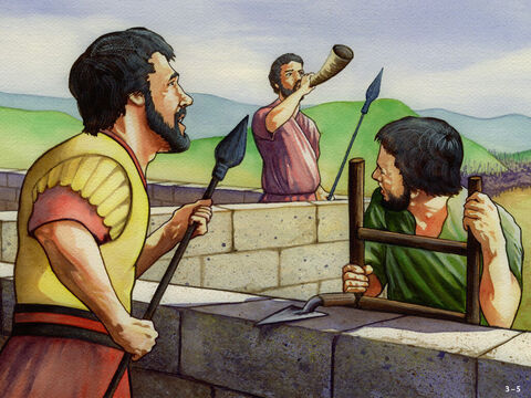 From that day on Nehemiah divided the people into two groups, one worked on the wall while the other stood guard carrying weapons. Nehemiah had a trumpeter near him at all times ready to sound the battle alarm. He encouraged the builders by saying, 'Our God will fight for us.' The work continued from early in the morning until late into the evening. – Slide 5