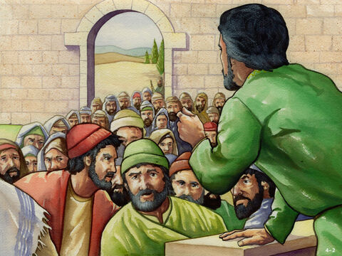 Nehemiah called the people together and addressed the greedy Jews. He pointed out he had 150 people working for him who were lending money and grain but he was not charging interest. <br/>'What you are doing is not right and against God's laws,' he told them. 'You must stop charging interest! Give back the fields, vineyards, olive groves and houses you have taken as well as the extra money you have charged.' The rich Jews were ashamed and agreed. <br/>Nehemiah shook the long cloak he was wearing and warned. 'God will shake out anyone from their home and property who does not keep their promise to repay. – Slide 2