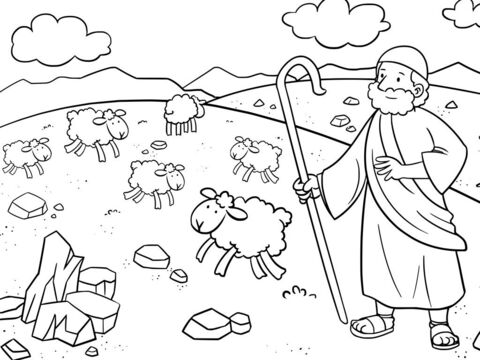 One day Moses was taking care of Jethro’s sheep. Jethro was his father-in-law. He came to Sinai, the mountain of God. – Slide 1