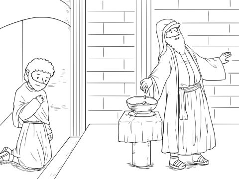 There were some people who thought that they were very good and looked down on everyone else. Jesus used this story to teach them: ‘One day there was a Pharisee and a tax collector. Both went to the Temple to pray.’ – Slide 1