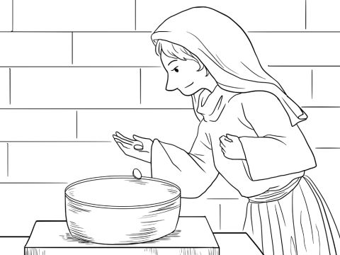 Then Jesus saw a poor widow. She put two small copper coins into the box. – Slide 2