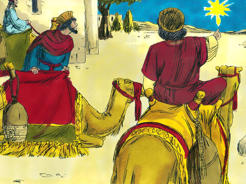 In a land to the East, Wise Men saw a new large bright star in the night sky. It was a sign to them that a new King had been born. They packed gifts for the new King and set off to find Him. – Slide 1