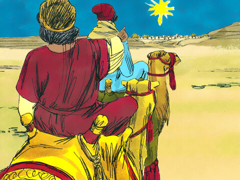 The Wise Men set off and were overjoyed when they saw the star. It led them to Bethlehem and to the place where Mary, Joseph and the young child Jesus were staying. – Slide 7