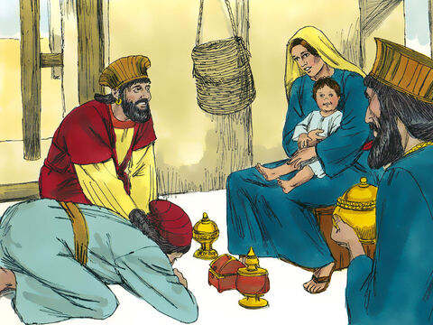 The Wise Men bowed before Jesus and worshiped Him. They opened their bags of riches and gave Him gifts of gold and perfume and spices (frankincense and myrrh). – Slide 8