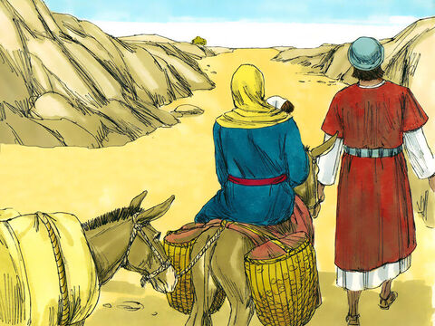 During the night Joseph got up and left Bethlehem with Mary and the young child Jesus. They headed south on the long trip to Egypt.  – Slide 11