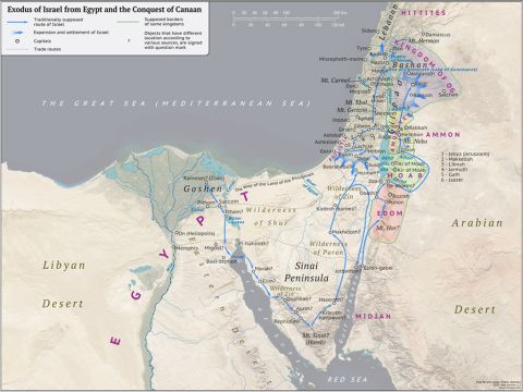 A map of the traditionally proposed route of Israel’s exodus from Egypt and the conquest of Canaan. – Slide 4