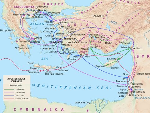 A map showing the three missionary journeys of Paul. – Slide 13