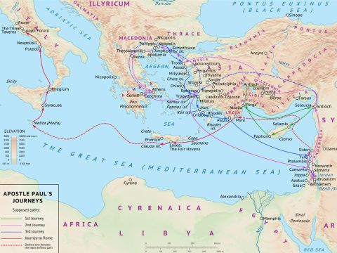 A map showing the three missionary journeys of Paul and his trip to Rome. – Slide 14