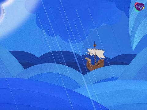 Soon after setting sail, a very strong wind started and a violent storm threatened to break the ship into pieces. Those onboard were terrified they each cried out to their idols to stop the storm.  The storm raged on. The crew started throwing objects from the ship into the sea to make it lighter. – Slide 7