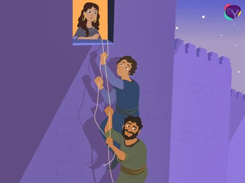 Rahab had an idea. Her house was part of the outer wall of the city. So, she let them down by a rope through the window. <br/>‘Go to the mountains so you don't meet those who want to capture you,’ Rehab said.  ‘Hide there for three days until things calm down.’ – Slide 14