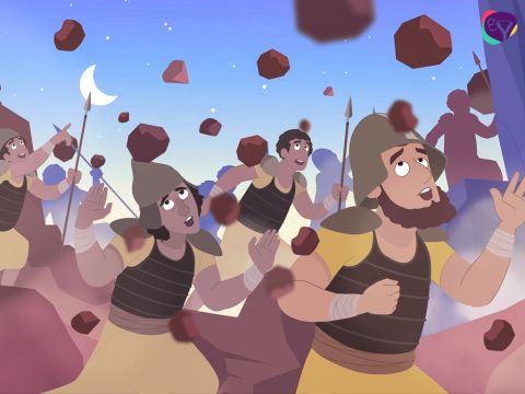 Soon the five kings realised they had no chance of winning.  They started to flee from the Israelites, but as they fled the Lord hurled great hailstones from the sky and killed a great number of their soldiers. – Slide 8