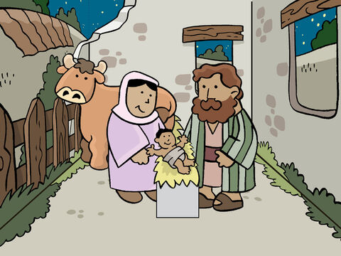 While they were there, the time came for the baby to be born. Mary wrapped the baby boy in cloths and placed Him in a manger. – Slide 3