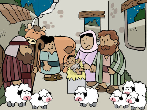 So, the shepherds went quickly and found Mary and Joseph. The shepherds saw the baby lying in a manger and told Mary and Joseph what the angels had said about baby Jesus. Everyone was amazed when they heard what the shepherds said to them. Then the shepherds went back to their sheep, praising God and thanking Him for everything that they had seen and heard. – Slide 7