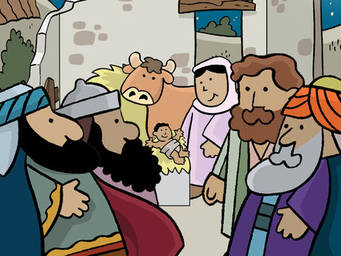 The star led them right to Bethlehem and the place where Mary and Joseph were staying. The wise men bowed down and worshipped Jesus. – Slide 9