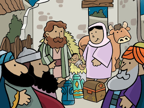 Then they gave Jesus their gifts of gold, frankincense, and myrrh before returning back home. <br/>(In the additional resources for this story at www.freebibleimages.org is a free PDF containing a diorama of the background and characters in this story that you can print and get children to make.) – Slide 10