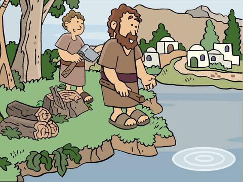 But as one of the prophets was cutting down a tree, his axe head flew off and fell into the water. – Slide 4