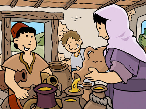 The poor widow then took her jar of oil and poured it into the first empty jar until it was full. Then she poured the oil into the next jar … and the next. The oil in her jar did not empty until she had filled all the jars. – Slide 8