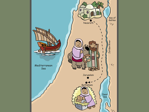 It was a long and tiring voyage, and Mary was soon to give birth to the baby. Day after day they walked on, until they finally arrived in Bethlehem. – Slide 4