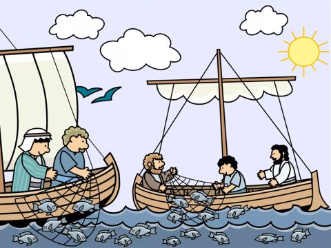 ‘Come and give us a hand,’ the fishermen called to their friends in a another boat. Soon both boats were full of fish. – Slide 9