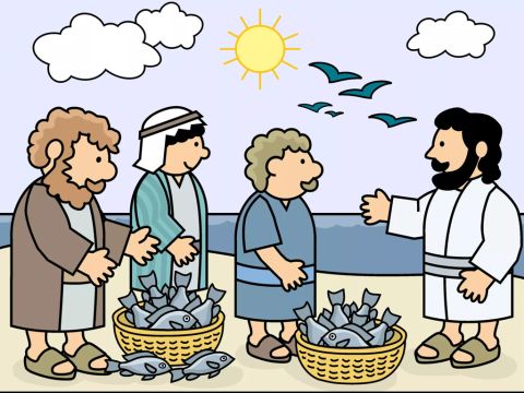 The men sailed back to shore with plenty of fish to sell at the market. What a wonderful miracle Jesus had done! – Slide 10