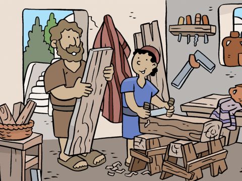 Jesus grew as a child with great wisdom obeying His mother Mary and Joseph who looked after Him. Jesus was born as God’s Son and Joseph looked after Him like a father would. He taught Jesus the skills of being a carpenter. – Slide 1