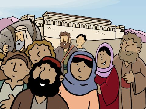 At the end of the feast everyone packed up and set off on the journey home. Mary and Joseph set off thinking that Jesus was with the other children of their family and friends in the crowd. – Slide 7