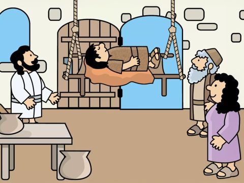 They made a hole in the roof, big enough to lower the sick man and his bed into the house. – Slide 6