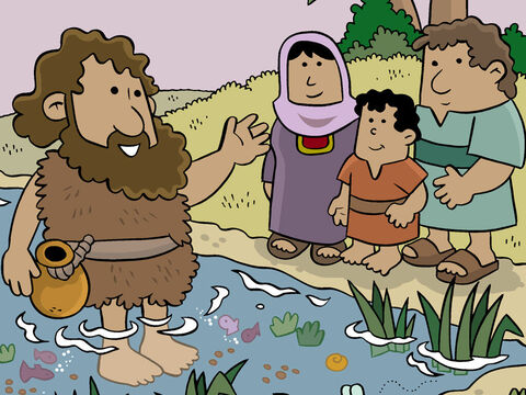 The child, John, grew and developed in body and spirit. When older, John lived in the desert until the day when he appeared publicly to speak to the people of Israel. He became known as John the Baptist. – Slide 16