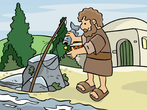 He caught a fish and when he opened its mouth there was a coin inside. The coin was exactly the amount needed to pay the Temple tax for Peter and Jesus. – Slide 6