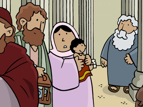 Just then, Simeon arrived at the temple and noticed a young couple holding a baby. At once Simeon knew this Baby was God’s Son, the Saviour, that God had promised to send. – Slide 8