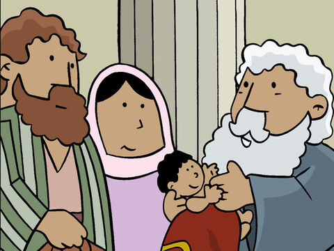 Simeon went up to Mary and Joseph and asked to hold the Baby to bless it. – Slide 9